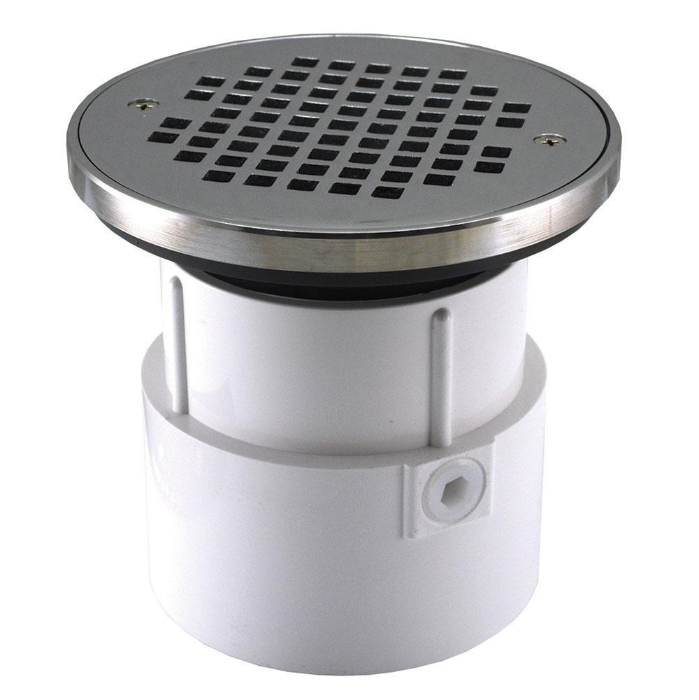 Jones Stephens D53282 4" PVC Over Pipe Fit Drain Base with 3-1/2" Plastic Spud and 6" Chrome Plated Strainer with Ring
