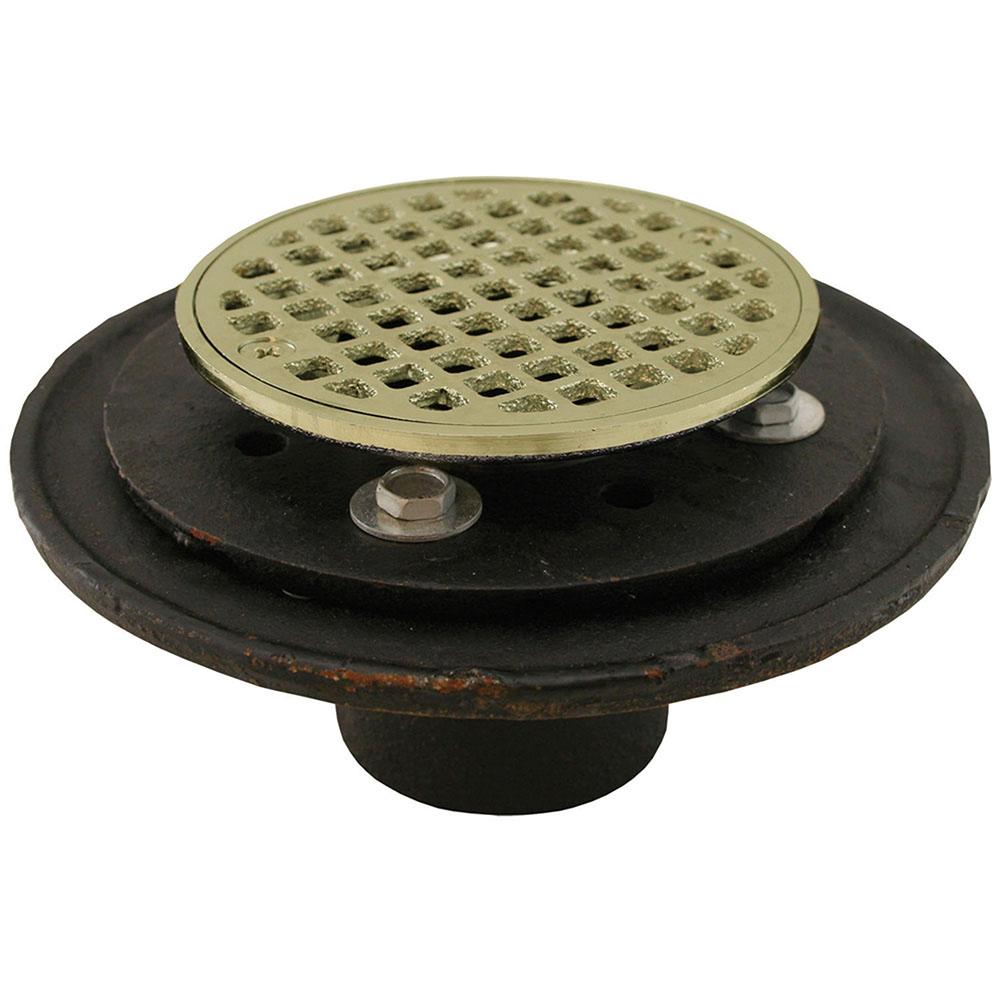 Jones Stephens D60206 2" No Hub Shower/Floor Drain with 6-1/2" Pan and 4" Polished Brass Cast Round Strainer