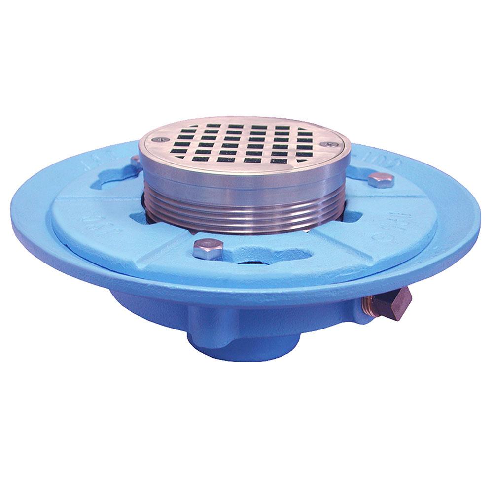 Jones Stephens D66621 2" IPS Code Blue Floor Drain with 9" Pan and 5" Polished Brass Round Strainer - Height 3-1/2" - 5-1/8"