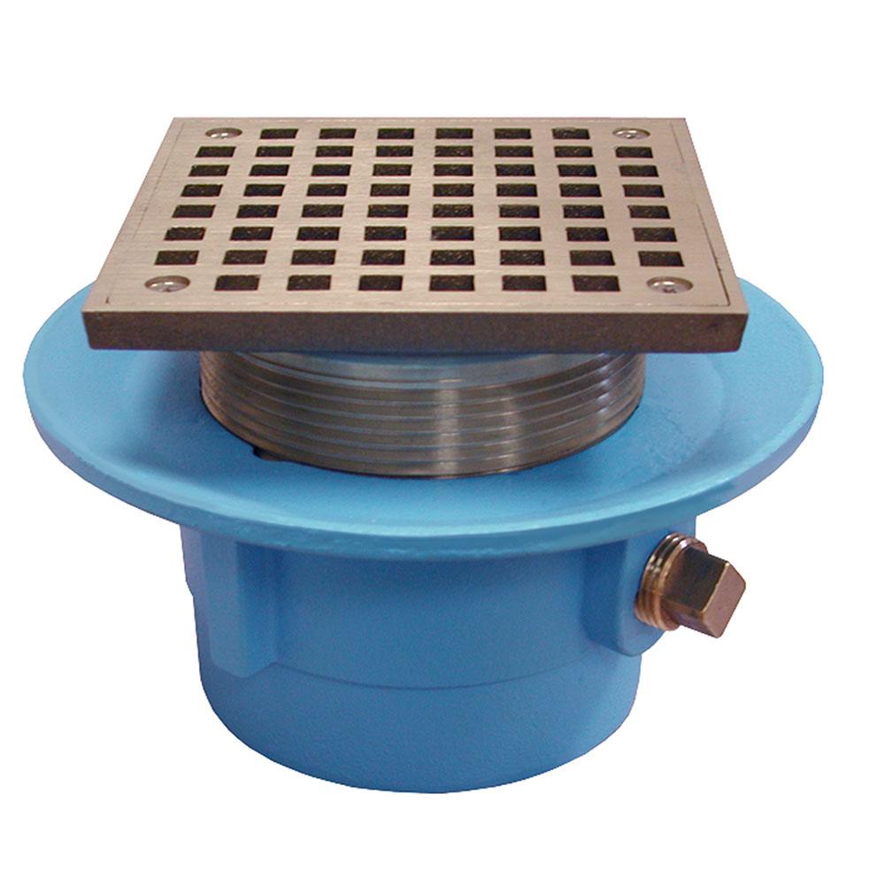 Jones Stephens D67030 2" No Hub Code Blue Slab Drain with 7" Pan and 6" Polished Brass Square Strainer - Height 4" - 5-3/16"