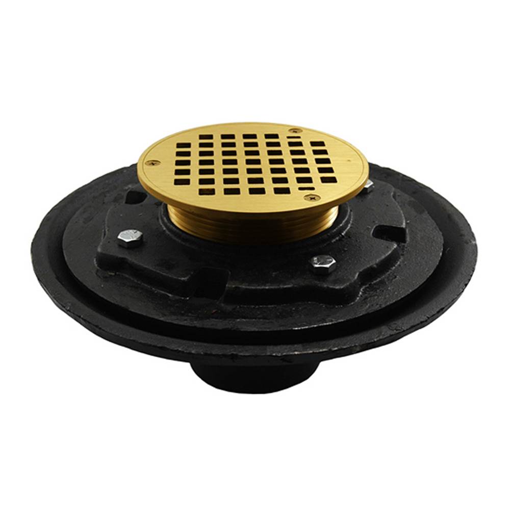 Jones Stephens D80107 4" Heavy Duty Inside Caulk Floor Drain/Shower Drain with 10" Pan and 5" Polished Brass Round Strainer - Height 4-1/2" - 6-1/2"