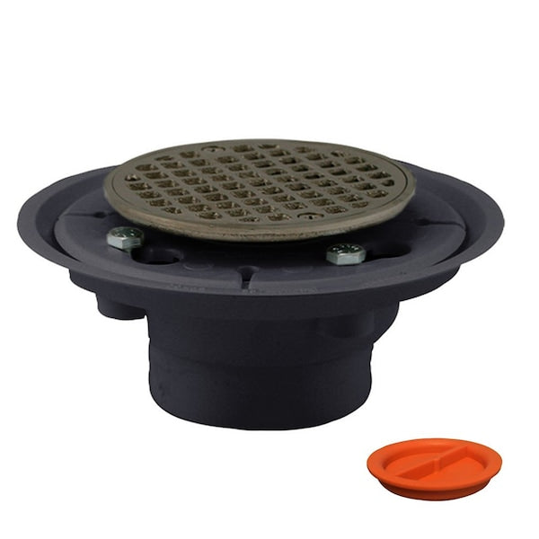 Jones Stephens D5001BNTP 2" x 3" PVC Shower Drain with 2" PVC Spud and 4" Round Brushed Nickel Strainer with Test Plug