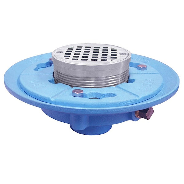 Jones Stephens D66622 2" IPS Code Blue Floor Drain with 9" Pan and 5" Chrome Plated Round Strainer - Height 3-1/2" - 5-1/8"