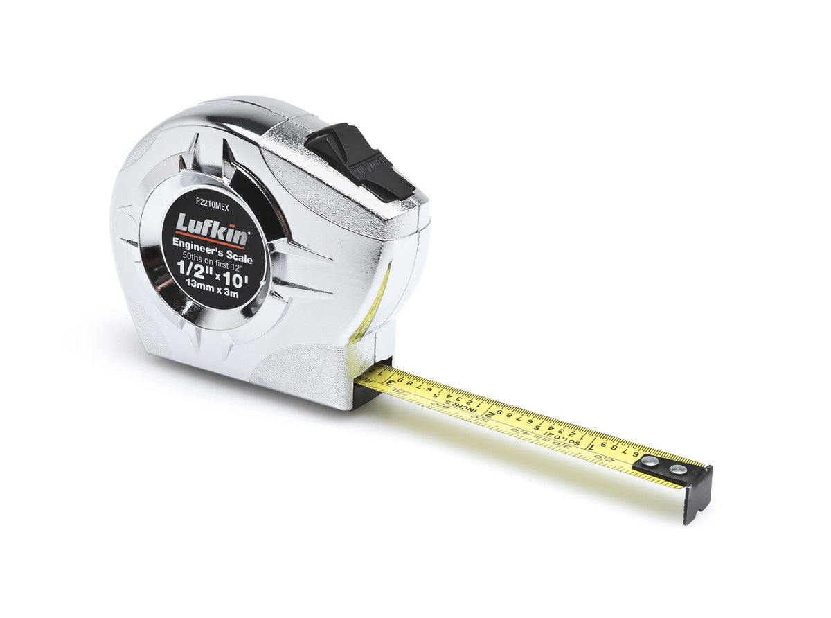 Lufkin P2210MEXN 1/2" x 3m/10' P2000 Series Chrome Case SAE/Metric Yellow Clad A36 Blade Power Return Tape Measure