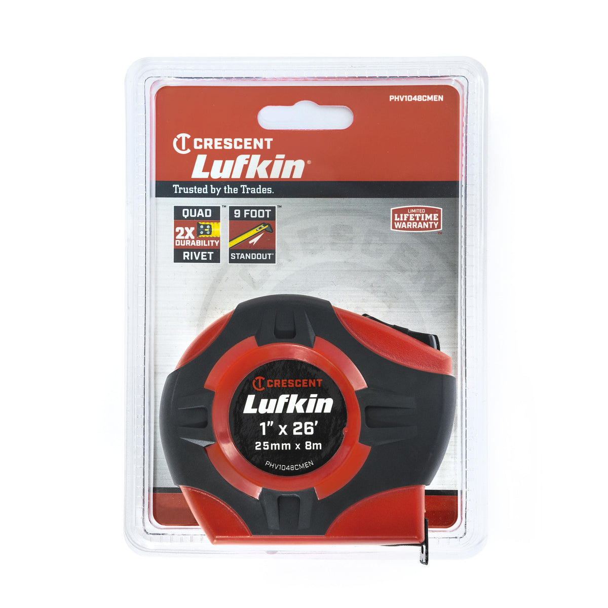Lufkin PHV1048CMEN 1" x 8m/26' P1000 Series SAE/Metric Yellow Clad A20 Blade Power Return Tape Measure