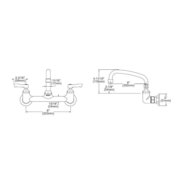 Elkay LK940TS08L2H Foodservice 8" Centerset Wall Mount Faucet with 8" Tube Spout 2" Lever Handles 1/2" Offset Inlets Chrome