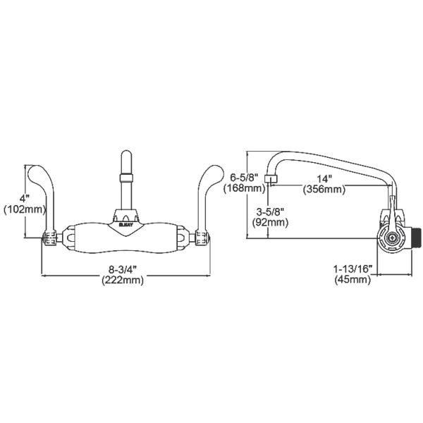 Elkay LK945AT14T4T Foodservice 3-8" Adjustable Centers Wall Mount Faucet w/14" Arc Tube Spout 4" Wristblade Handles 2" Inlet