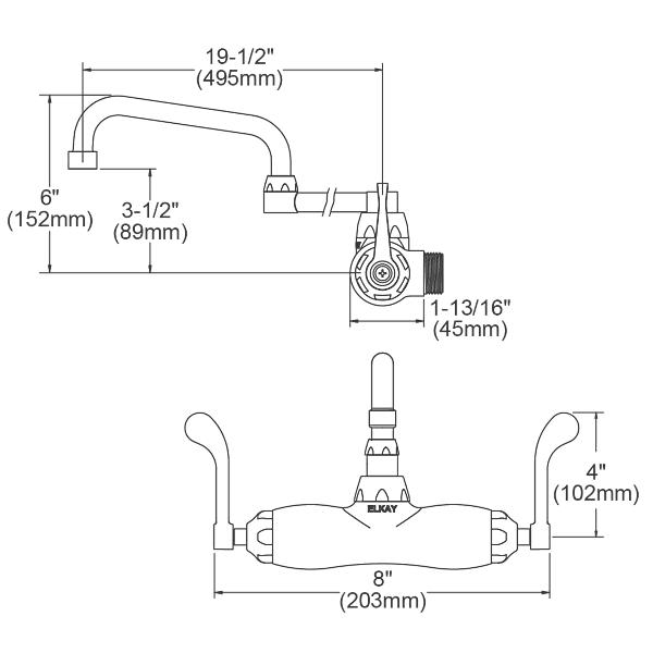Elkay LK945DS20T4T Foodservice 3-8" Adjustable Centers Wall Mount Faucet w/Double Swing Spout 4" Wristblade Handles 2" Inlet