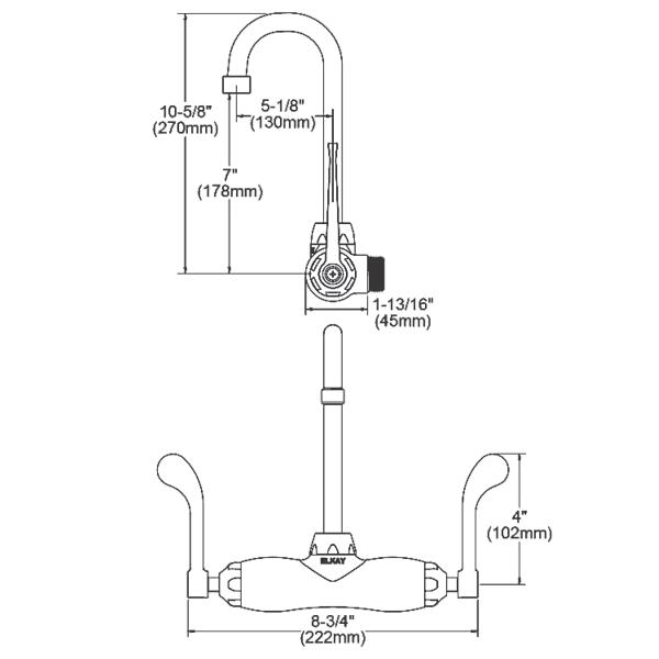 Elkay LK945GN05T4T Foodservice 3-8" Adjustable Centers Wall Mount Faucet w/5" Gooseneck Spout 4" Wristblade Handles 2" Inlet