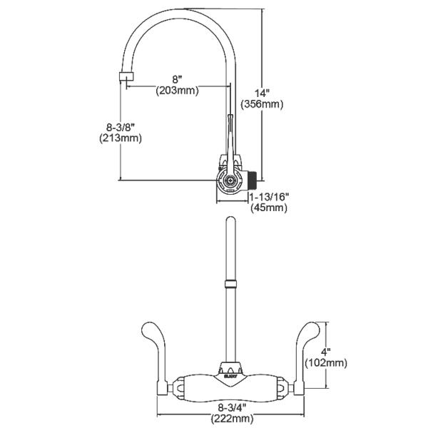 Elkay LK945GN08T4T Foodservice 3-8" Adjustable Centers Wall Mount Faucet w/8" Gooseneck Spout 4" Wristblade Handles 2" Inlet