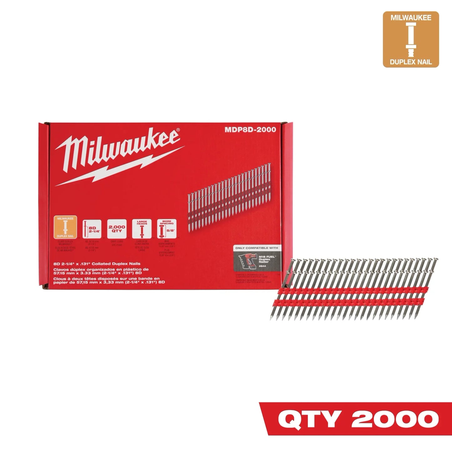 Milwaukee Tool MDP8D-2000 Milwaukee® 8D 2-1/4” x .131” Collated Duplex Nails, 1 EA