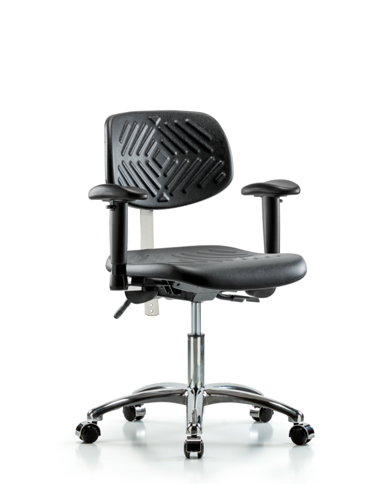 Blue Ridge Ergonomics NCR-PDHCH-CR-T0-A1-CC-BLK Class 100 Polyurethane Clean Room Chair - Desk Height with Adjustable Arms & Casters in Black Polyurethane