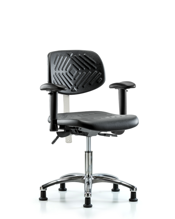 Blue Ridge Ergonomics NCR-PDHCH-CR-T1-A1-RG-BLK Class 100 Polyurethane Clean Room Chair - Desk Height with Seat Tilt, Adjustable Arms, & Stationary Glides in Black Polyurethane