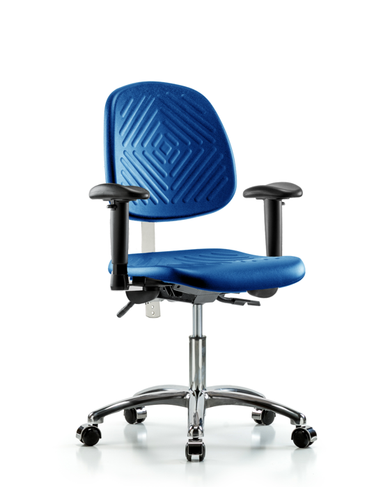 Blue Ridge Ergonomics NCR-PDHCH-MB-CR-T0-A1-CC-BLU Class 100 Polyurethane Clean Room Chair - Desk Height with Medium Back, Adjustable Arms, & Casters in Blue Polyurethane