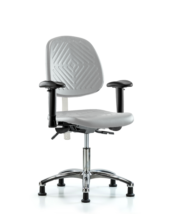 Blue Ridge Ergonomics NCR-PDHCH-MB-CR-T0-A1-RG-GRY Class 100 Polyurethane Clean Room Chair - Desk Height with Medium Back, Adjustable Arms, & Stationary Glides in Gray Polyurethane