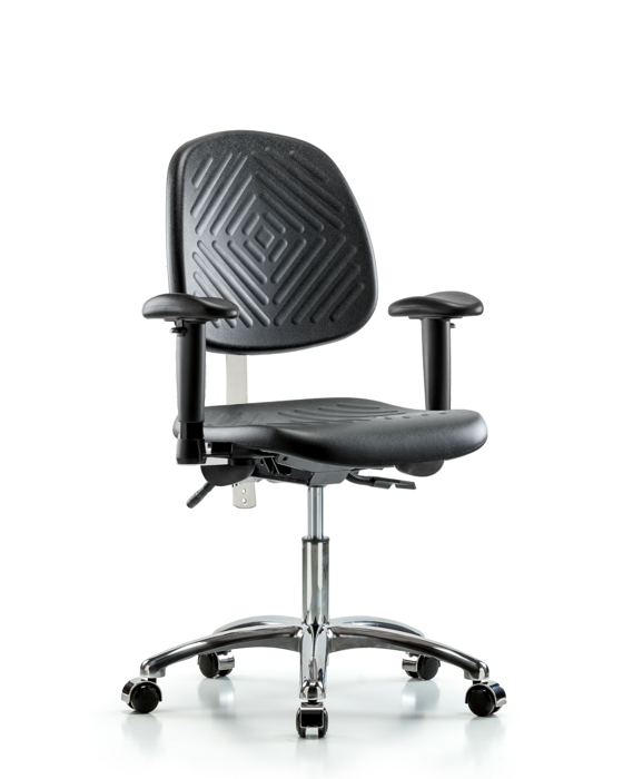 Blue Ridge Ergonomics NCR-PDHCH-MB-CR-T1-A1-CC-BLK Class 100 Polyurethane Clean Room Chair - Desk Height with Medium Back, Seat Tilt, Adjustable Arms, & Casters in Black Polyurethane
