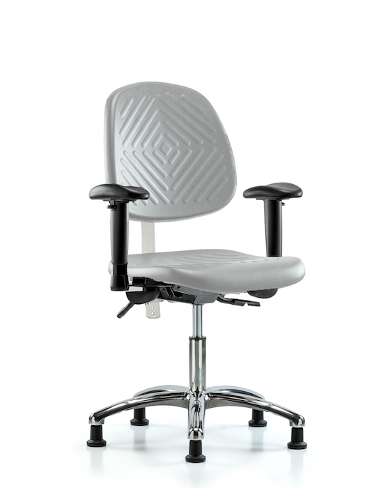 Blue Ridge Ergonomics NCR-PDHCH-MB-CR-T1-A1-RG-GRY Class 100 Polyurethane Clean Room Chair - Desk Height with Medium Back, Seat Tilt, Adjustable Arms, & Stationary Glides in Gray Polyurethane
