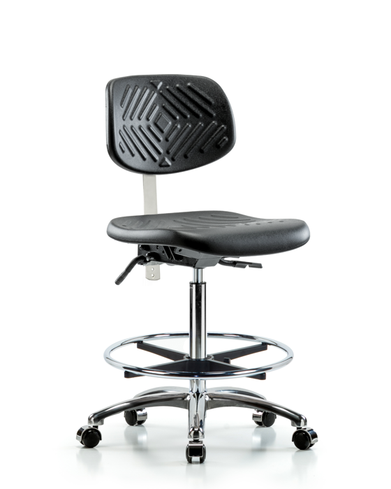Blue Ridge Ergonomics NCR-PHBCH-CR-T0-A0-CF-CC-BLK Class 10 Polyurethane Clean Room Chair - High Bench Height with Chrome Foot Ring & Casters in Black Polyurethane