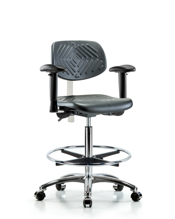 Blue Ridge Ergonomics NCR-PHBCH-CR-T0-A1-CF-CC-BLK Class 100 Polyurethane Clean Room Chair - High Bench Height with Adjustable Arms, Chrome Foot Ring, & Casters in Black Polyurethane