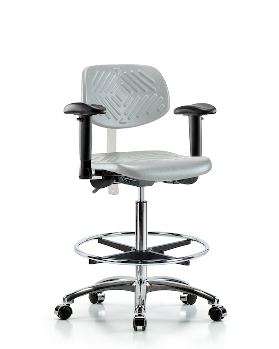 Blue Ridge Ergonomics NCR-PHBCH-CR-T0-A1-CF-CC-GRY Class 100 Polyurethane Clean Room Chair - High Bench Height with Adjustable Arms, Chrome Foot Ring, & Casters in Gray Polyurethane