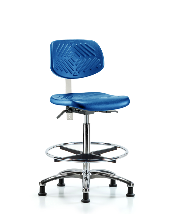 Blue Ridge Ergonomics NCR-PHBCH-CR-T1-A0-CF-RG-BLU Class 100 Polyurethane Clean Room Chair - High Bench Height with Seat Tilt, Chrome Foot Ring, & Stationary Glides in Blue Polyurethane