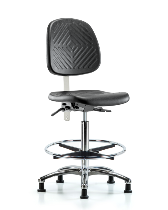 Blue Ridge Ergonomics NCR-PHBCH-MB-CR-T0-A0-CF-RG-BLK Class 10 Polyurethane Clean Room Chair - High Bench Height with Medium Back & Stationary Glides in Black Polyurethane
