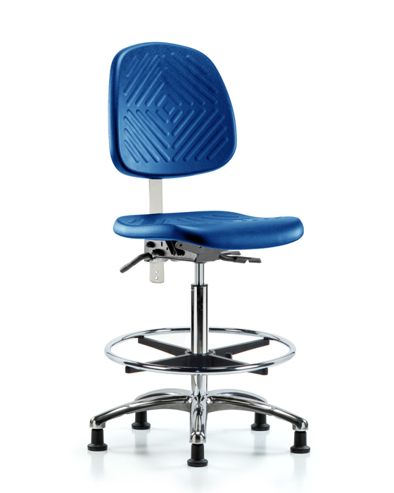 Blue Ridge Ergonomics NCR-PHBCH-MB-CR-T0-A0-CF-RG-BLU Class 10 Polyurethane Clean Room Chair - High Bench Height with Medium Back & Stationary Glides in Blue Polyurethane