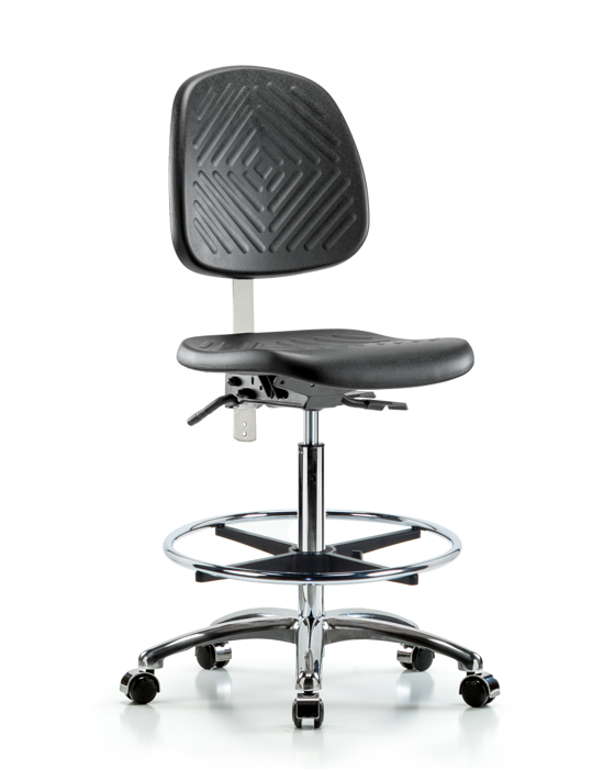 Blue Ridge Ergonomics NCR-PHBCH-MB-CR-T1-A0-CF-CC-BLK Class 100 Polyurethane Clean Room Chair - High Bench Height with Medium Back, Seat Tilt, Chrome Foot Ring, & Casters in Black Polyurethane