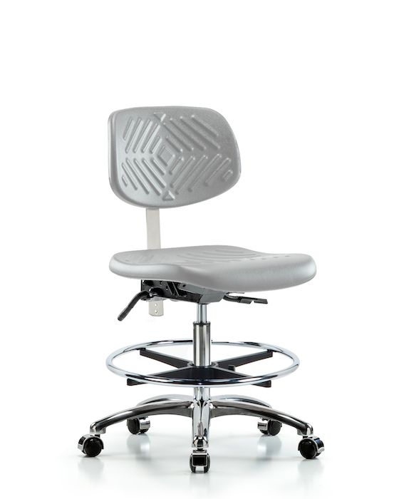 Blue Ridge Ergonomics NCR-PMBCH-CR-T0-A0-CF-CC-GRY Class 10 Polyurethane Clean Room Chair - Medium Bench Height with Chrome Foot Ring & Casters in Gray Polyurethane