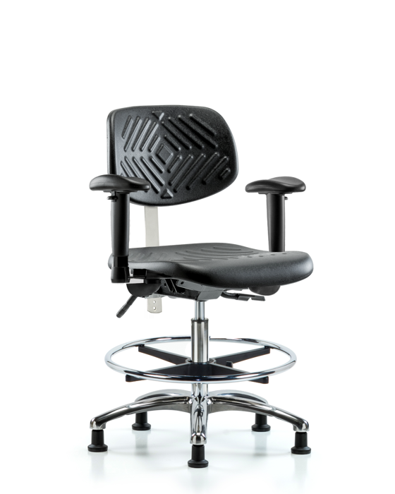 Blue Ridge Ergonomics NCR-PMBCH-CR-T0-A1-CF-RG-BLK Class 100 Polyurethane Clean Room Chair - Medium Bench Height with Adjustable Arms, Chrome Foot Ring, & Stationary Glides in Black Polyurethane