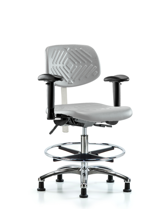 Blue Ridge Ergonomics NCR-PMBCH-CR-T0-A1-CF-RG-GRY Class 100 Polyurethane Clean Room Chair - Medium Bench Height with Adjustable Arms, Chrome Foot Ring, & Stationary Glides in Gray Polyurethane