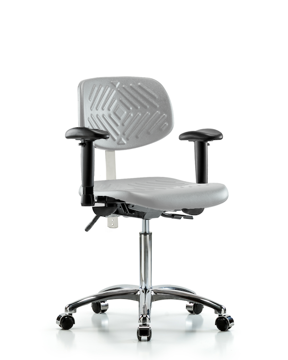 Blue Ridge Ergonomics NCR-PMBCH-CR-T0-A1-NF-CC-GRY Class 100 Polyurethane Clean Room Chair - Medium Bench Height with Adjustable Arms & Casters in Gray Polyurethane