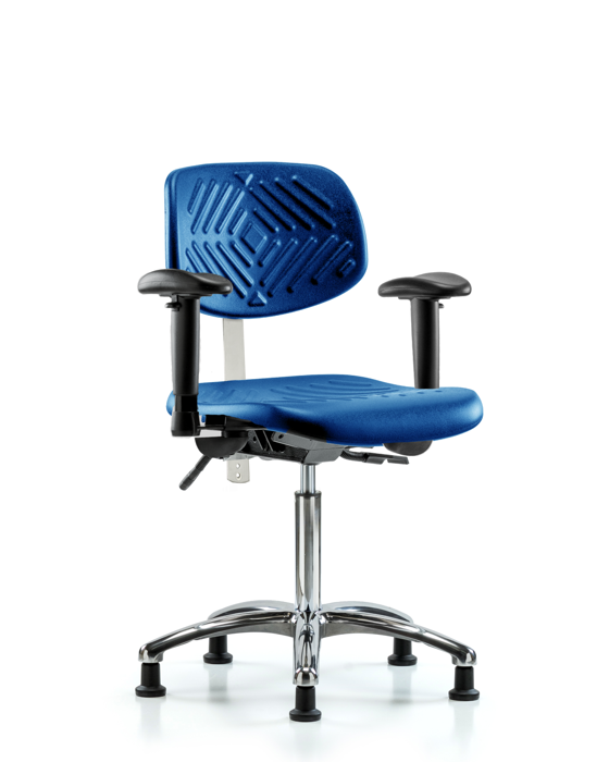 Blue Ridge Ergonomics NCR-PMBCH-CR-T0-A1-NF-RG-BLU Class 100 Polyurethane Clean Room Chair - Medium Bench Height with Adjustable Arms & Stationary Glides in Blue Polyurethane