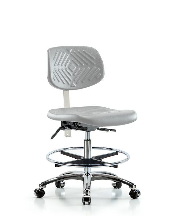 Blue Ridge Ergonomics NCR-PMBCH-CR-T1-A0-CF-CC-GRY Class 100 Polyurethane Clean Room Chair - Medium Bench Height with Seat Tilt, Chrome Foot Ring, & Casters in Gray Polyurethane