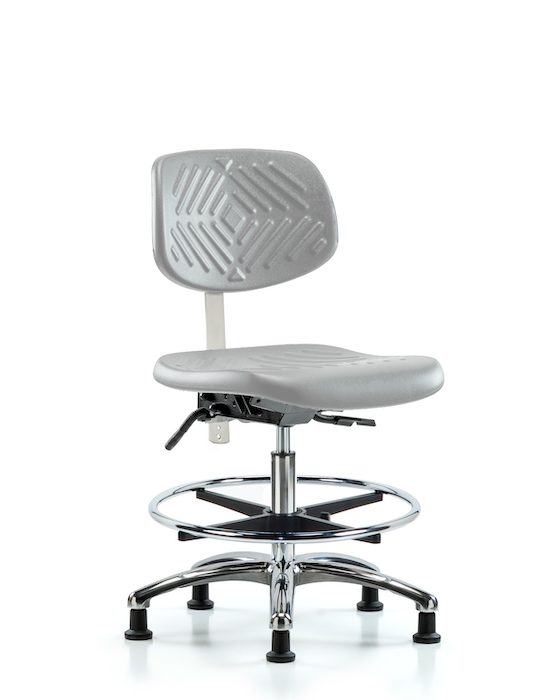 Blue Ridge Ergonomics NCR-PMBCH-CR-T1-A0-CF-RG-GRY Class 100 Polyurethane Clean Room Chair - Medium Bench Height with Seat Tilt, Chrome Foot Ring, & Stationary Glides in Gray Polyurethane