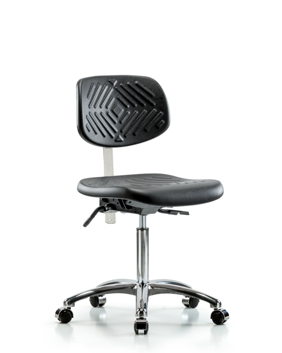 Blue Ridge Ergonomics NCR-PMBCH-CR-T1-A0-NF-CC-BLK Class 100 Polyurethane Clean Room Chair - Medium Bench Height with Seat Tilt & Casters in Black Polyurethane