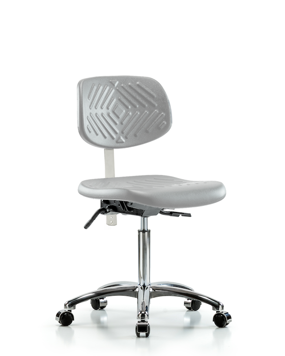Blue Ridge Ergonomics NCR-PMBCH-CR-T1-A0-NF-CC-GRY Class 100 Polyurethane Clean Room Chair - Medium Bench Height with Seat Tilt & Casters in Gray Polyurethane