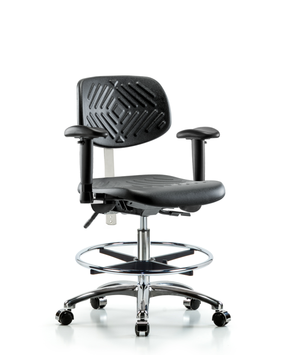 Blue Ridge Ergonomics NCR-PMBCH-CR-T1-A1-CF-CC-BLK Class 100 Polyurethane Clean Room Chair - Medium Bench Height with Seat Tilt, Adjustable Arms, Chrome Foot Ring, & Casters in Black Polyurethane