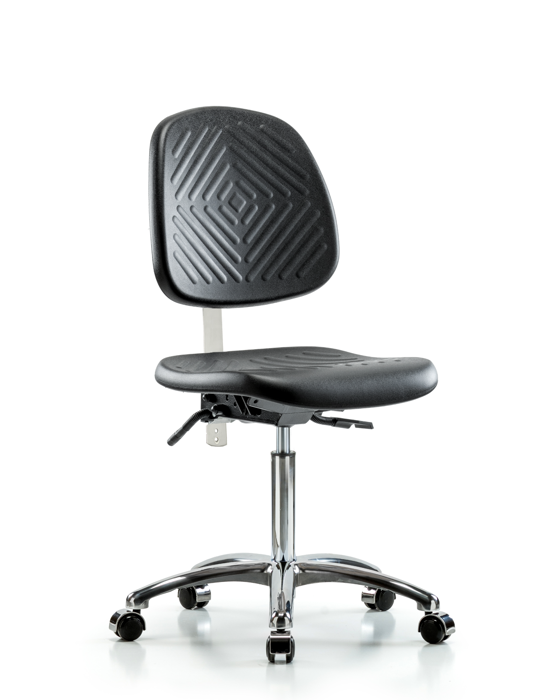 Blue Ridge Ergonomics NCR-PMBCH-MB-CR-T0-A0-NF-CC-BLK Class 10 Polyurethane Clean Room Chair - Medium Bench Height with Medium Back & Casters in Black Polyurethane