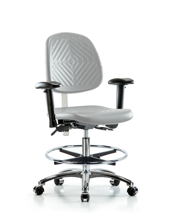 Blue Ridge Ergonomics NCR-PMBCH-MB-CR-T0-A1-CF-CC-GRY Class 100 Polyurethane Clean Room Chair - Medium Bench Height with Medium Back, Adjustable Arms, Chrome Foot Ring, & Casters in Gray Polyurethane