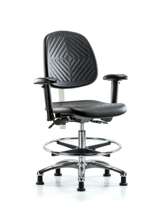 Blue Ridge Ergonomics NCR-PMBCH-MB-CR-T0-A1-CF-RG-BLK Class 100 Polyurethane Clean Room Chair - Medium Bench Height with Medium Back, Adjustable Arms, Chrome Foot Ring, & Stationary Glides in Black Polyurethane