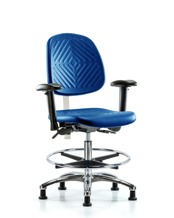 Blue Ridge Ergonomics NCR-PMBCH-MB-CR-T0-A1-CF-RG-BLU Class 100 Polyurethane Clean Room Chair - Medium Bench Height with Medium Back, Adjustable Arms, Chrome Foot Ring, & Stationary Glides in Blue Polyurethane