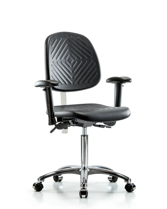 Blue Ridge Ergonomics NCR-PMBCH-MB-CR-T0-A1-NF-CC-BLK Class 100 Polyurethane Clean Room Chair - Medium Bench Height with Medium Back, Adjustable Arms, & Casters in Black Polyurethane