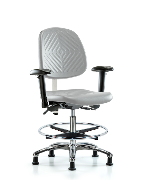 Blue Ridge Ergonomics NCR-PMBCH-MB-CR-T1-A1-CF-RG-GRY CL100 Polyurethane Clean Room Chair - Medium Bench Height with Medium Back, Seat Tilt, Adj Arms, Chrome Foot Ring, & Stationary Glides in Gray Polyurethane