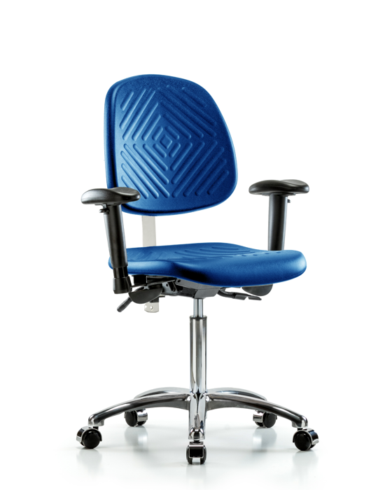 Blue Ridge Ergonomics NCR-PMBCH-MB-CR-T1-A1-NF-CC-BLU Class 100 Polyurethane Clean Room Chair - Medium Bench Height with Medium Back, Seat Tilt, Adjustable Arms, & Casters in Blue Polyurethane