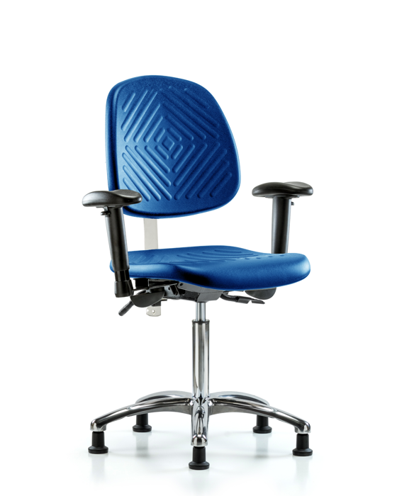 Blue Ridge Ergonomics NCR-PMBCH-MB-CR-T1-A1-NF-RG-BLU Class 100 Polyurethane Clean Room Chair - Medium Bench Height with Medium Back, Seat Tilt, Adjustable Arms, & Stationary Glides in Blue Polyurethane