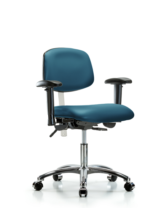 Blue Ridge Ergonomics NCR-VDHCH-CR-T0-A1-CC-8801 Class 100 Vinyl Clean Room Chair - Desk Height with Adjustable Arms & Casters in Marine Blue Supernova™ Vinyl