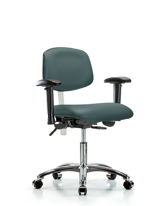 Blue Ridge Ergonomics NCR-VDHCH-CR-T1-A1-CC-8546 Class 100 Vinyl Clean Room Chair - Desk Height with Seat Tilt, Adjustable Arms, & Casters in Colonial Blue Trailblazer™ Vinyl