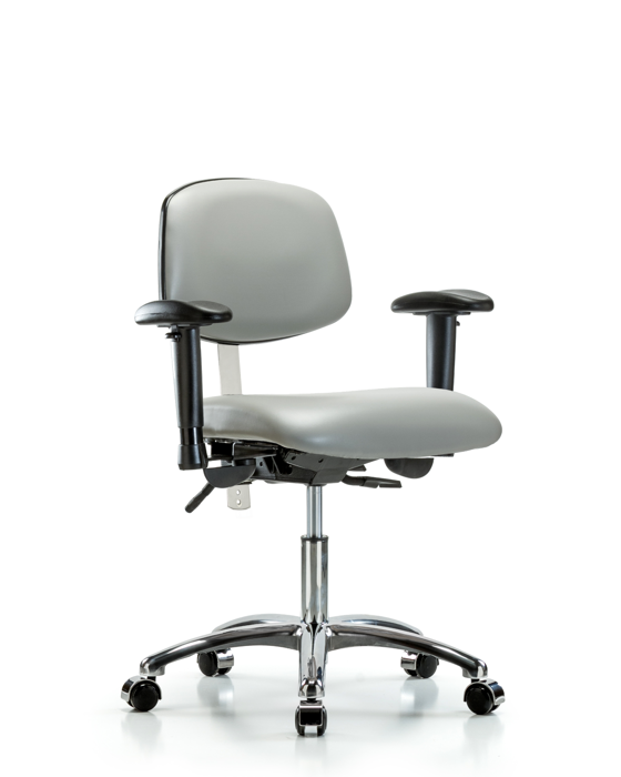 Blue Ridge Ergonomics NCR-VDHCH-CR-T1-A1-CC-8567 Class 100 Vinyl Clean Room Chair - Desk Height with Seat Tilt, Adjustable Arms, & Casters in Dove Trailblazer™ Vinyl