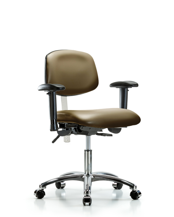 Blue Ridge Ergonomics NCR-VDHCH-CR-T1-A1-CC-8809 Class 100 Vinyl Clean Room Chair - Desk Height with Seat Tilt, Adjustable Arms, & Casters in Taupe Supernova™ Vinyl